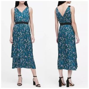 Banana Republic Pleated Tiered Midi Dress Blue Green Multi Color Size 0 NWT